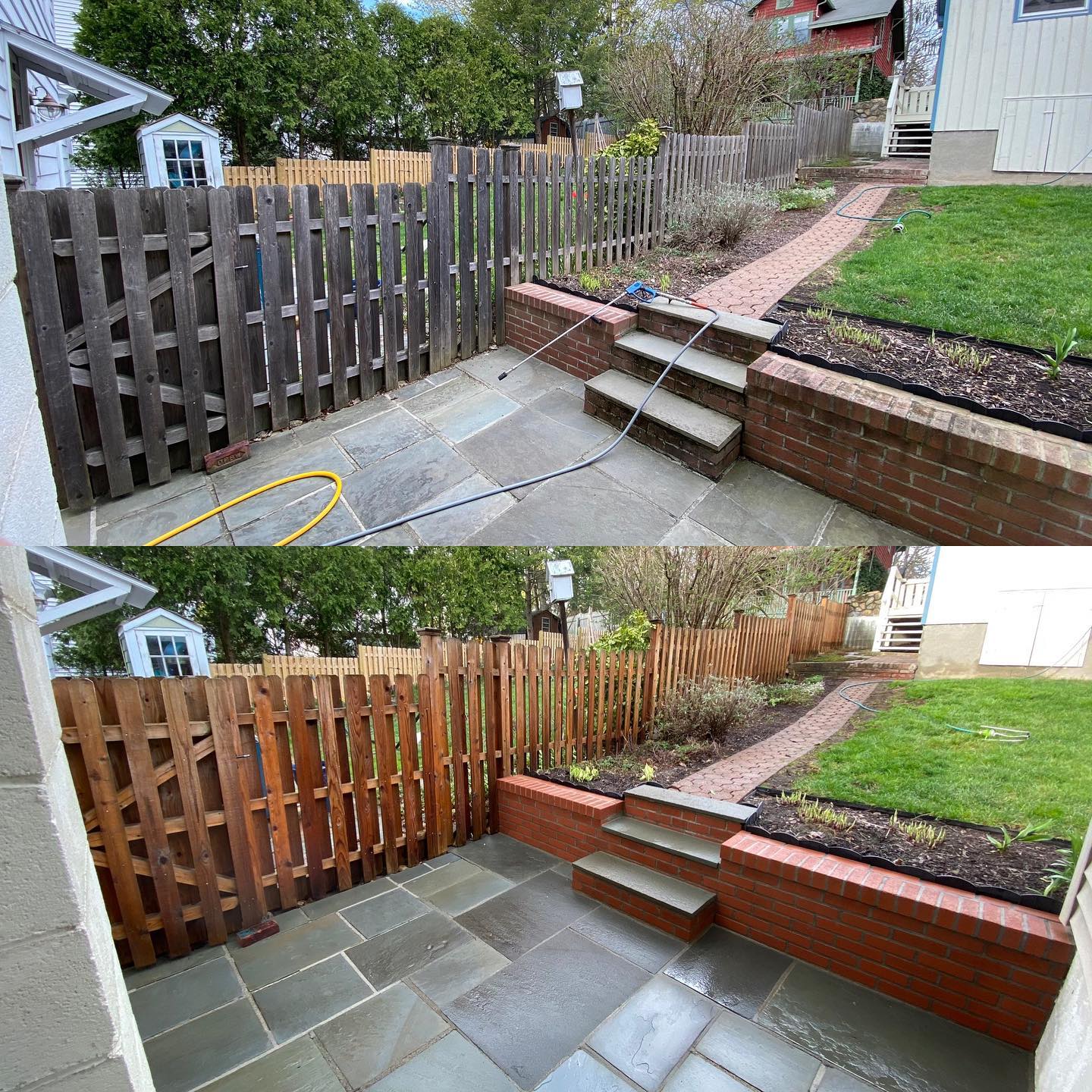 Before and after image showing bluestone patio and wood fence cleaned and restored by professional pressure washing.