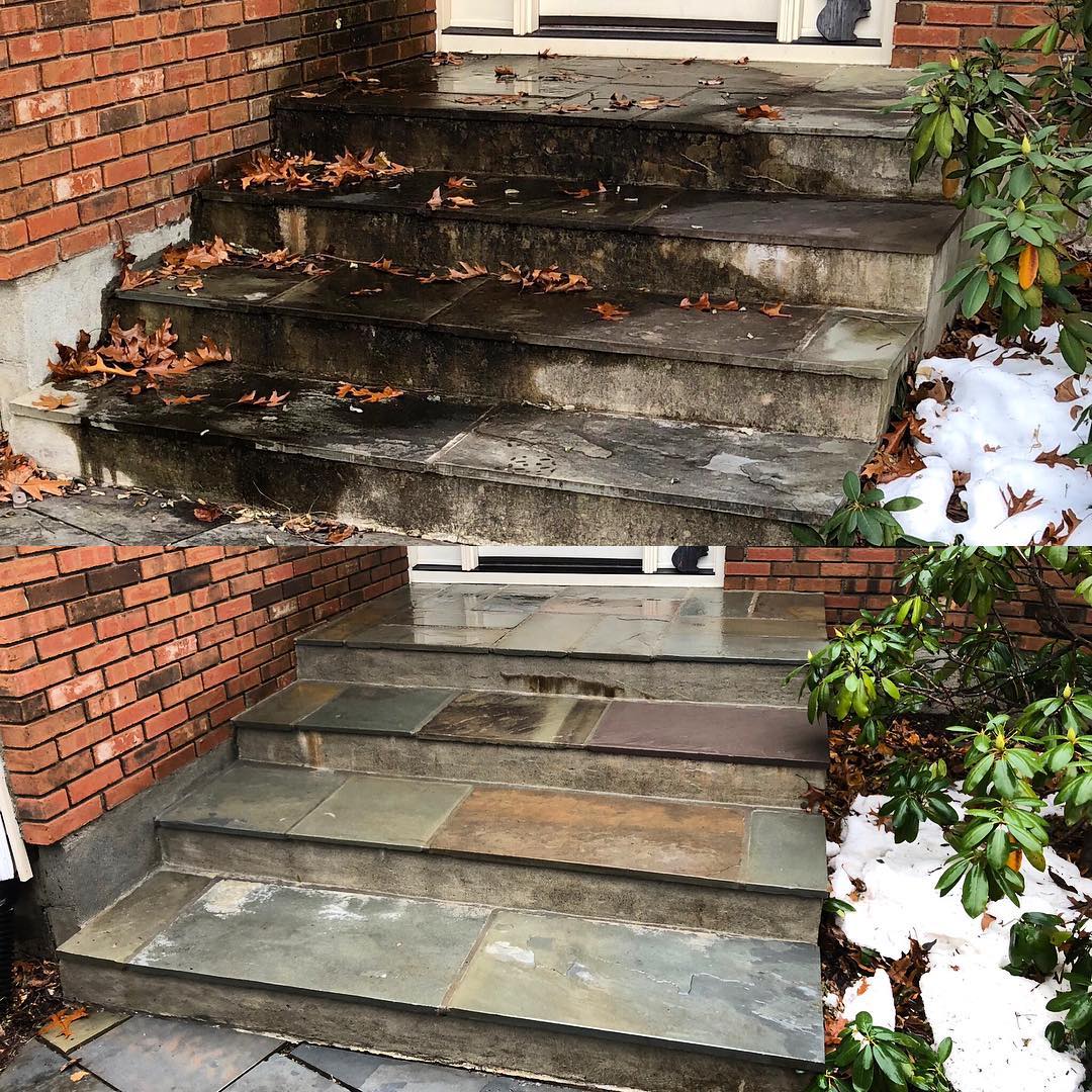 Before and after image of Bright Solutions ProWash soft washing bluestone porch steps in Hudson Valley, NY, showing deep cleaning results.