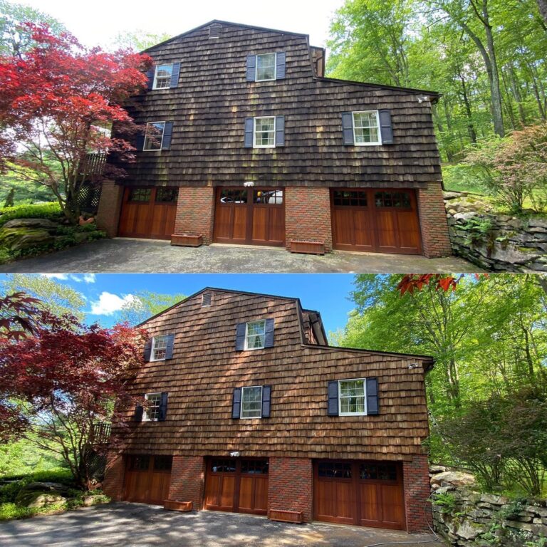 Before and after image of Bright Solutions ProWash soft washing a cedar shake home in Hudson Valley, NY, restoring wood siding to its natural look.