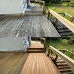 Before and after image of Bright Solutions ProWash soft washing a wooden deck in Hudson Valley, NY to remove dirt, algae, and surface stains.