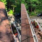 Before and after image of Bright Solutions ProWash gutter cleaning in Hudson Valley, NY showing removal of buildup and debris from gutters.