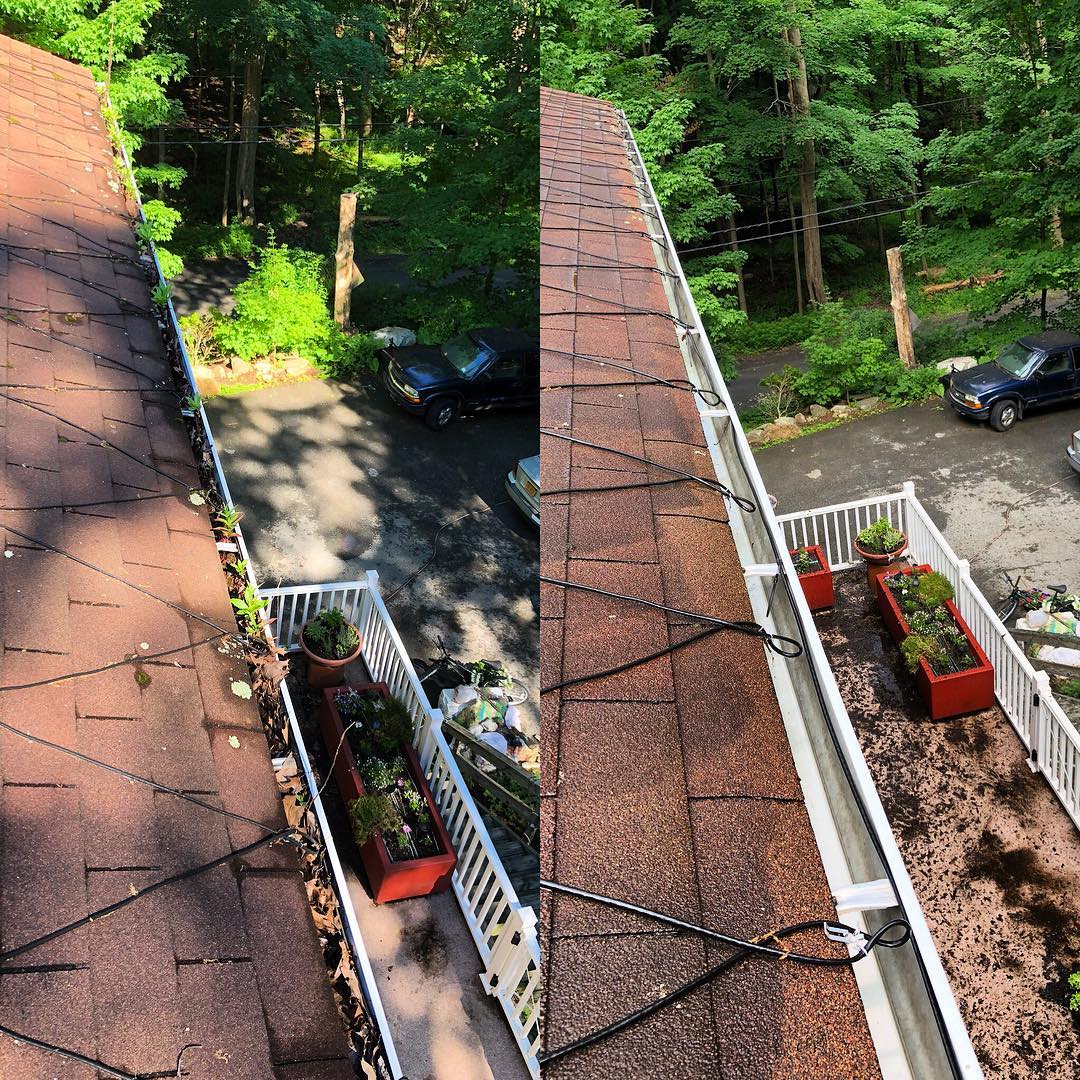 Before and after image of Bright Solutions ProWash gutter cleaning in Hudson Valley, NY showing removal of buildup and debris from gutters.