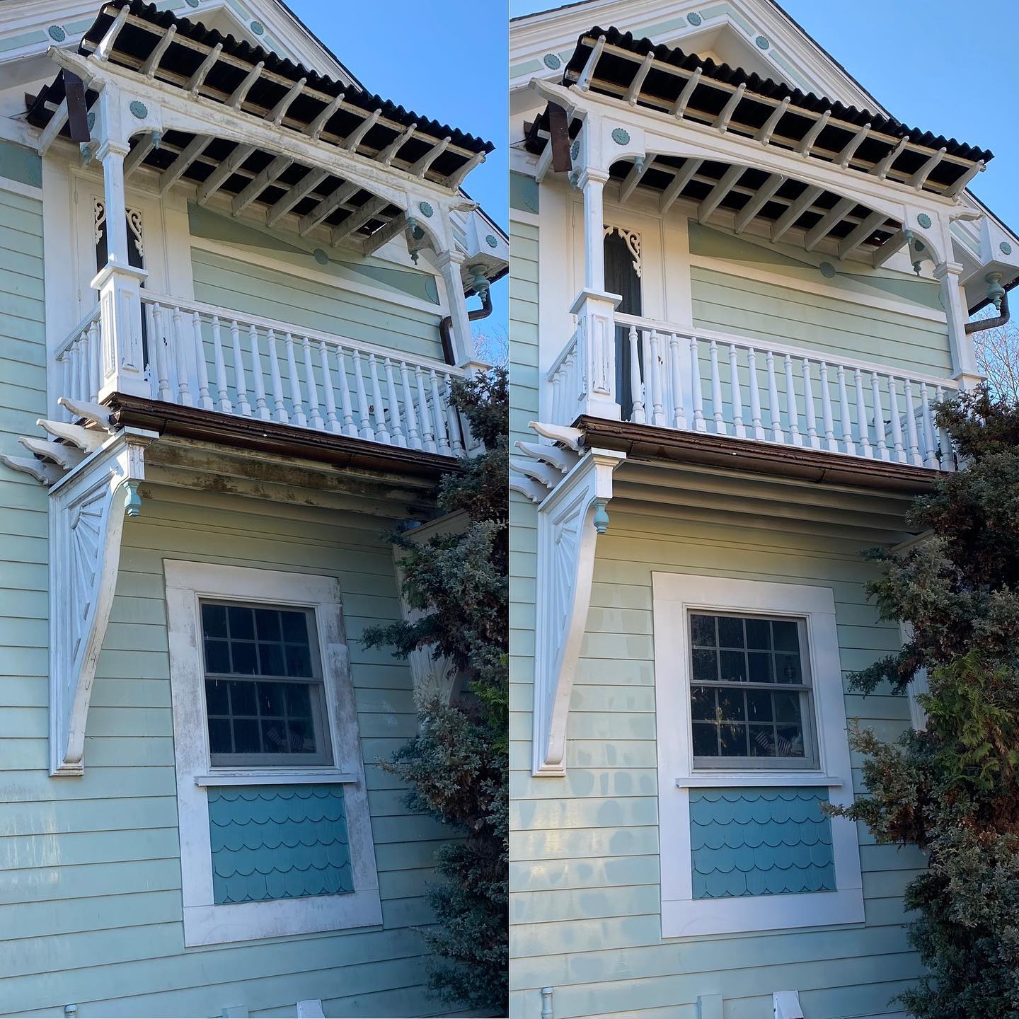 Before and after image showing historical house balcony exterior cleaning with preservation soft washing in Hudson Valley