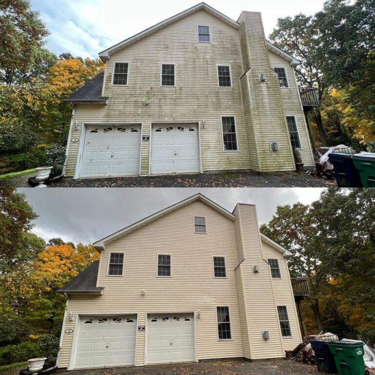 Before and after image of Bright Solutions ProWash removing algae from house siding with soft washing in Hudson Valley, NY.