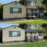 Before and after image of Bright Solutions ProWash soft washing algae-covered siding and lichen-covered roof in Hudson Valley, NY.