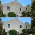 Before and after image of Bright Solutions ProWash soft washing algae-covered siding on a residential home in Hudson Valley, NY.