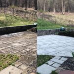 Before and after photo of dirty slate patio restored by professional pressure washing.