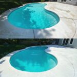 Before and after image of dirty concrete pool patio cleaned by Bright Solutions ProWash using pressure washing