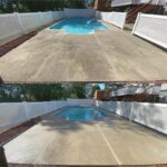 Before and after photo of concrete pool patio cleaned with professional pressure washing by Bright Solutions ProWash