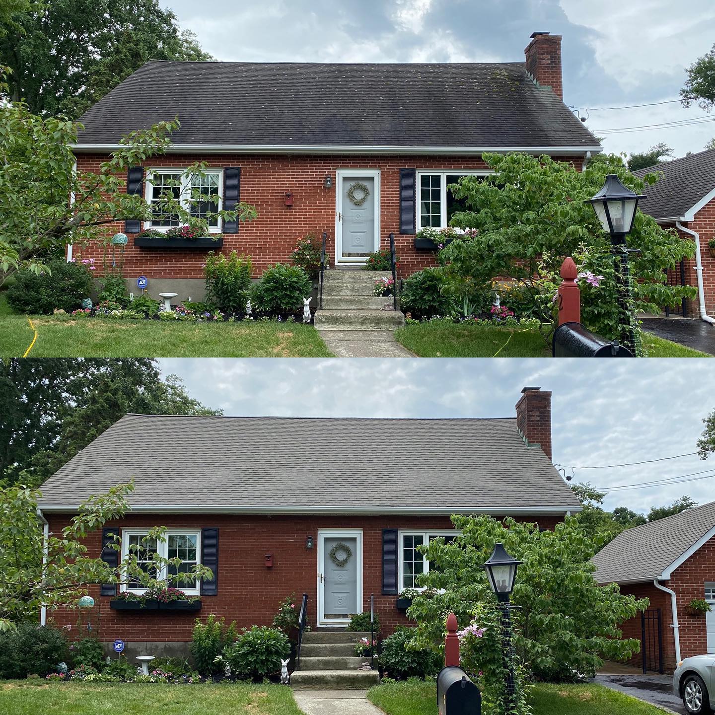 Before and after image of residential house roof soft washed by Bright Solutions ProWash in Hudson Valley, showing removal of black streaks and moss
