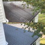 Before and after photo of house roof cleaned with soft washing by Bright Solutions ProWash, removing dirt, algae, and black streaks