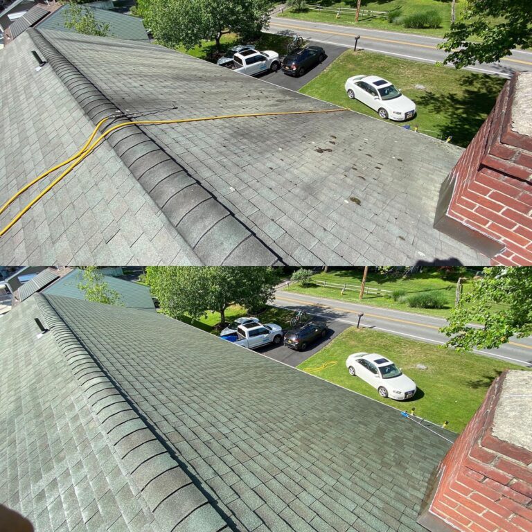 Before and after image of house roof cleaned with soft washing by Bright Solutions ProWash in Hudson Valley, removing black streaks, fungus, and moss buildup