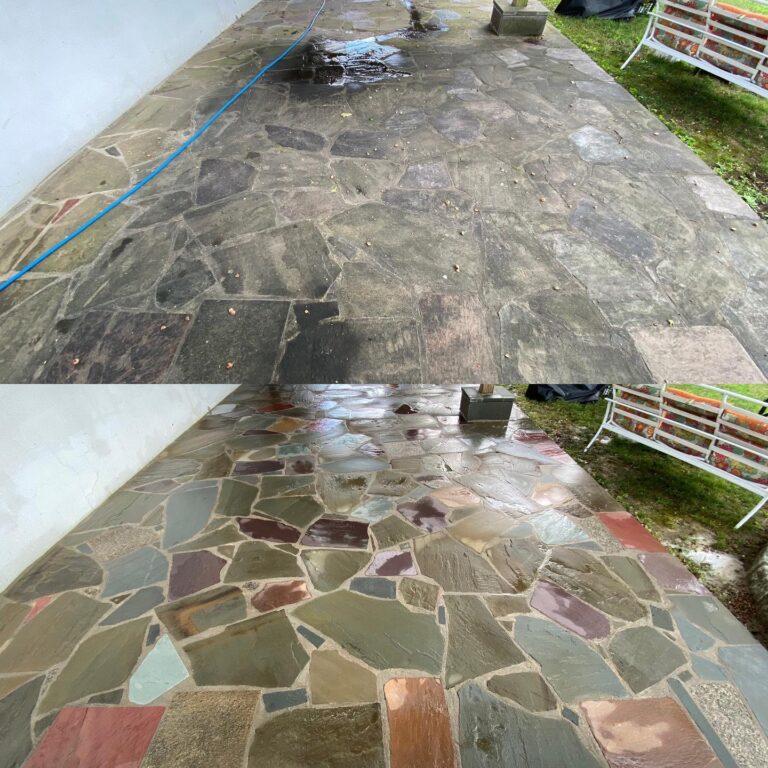 Before and after photo of stone patio professionally cleaned by Bright Solutions ProWash, removing dirt, stains, and weather buildup