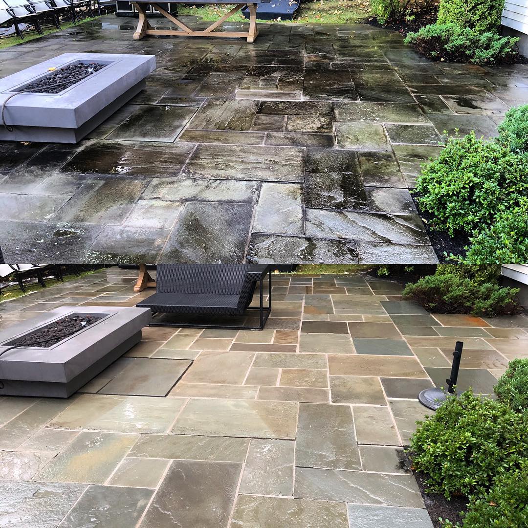 Before and after photo of stone paver patio cleaned by Bright Solutions ProWash, showing removal of dirt, moss, and weather stains