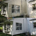 Before and after image of white house siding cleaned by Bright Solutions ProWash, showing removal of dirt, algae, and stains
