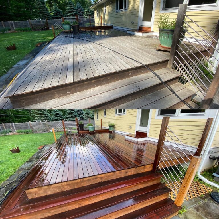 Before and after image of high-end wooden deck cleaned by Bright Solutions ProWash, showing removal of grime, algae, and weathering