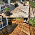 Before and after image of wooden deck cleaned by Bright Solutions ProWash, showing removal of dirt, algae, and weather stains