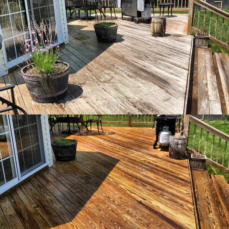 Before and after image of wooden deck cleaned by Bright Solutions ProWash, showing removal of dirt, algae, and weather stains