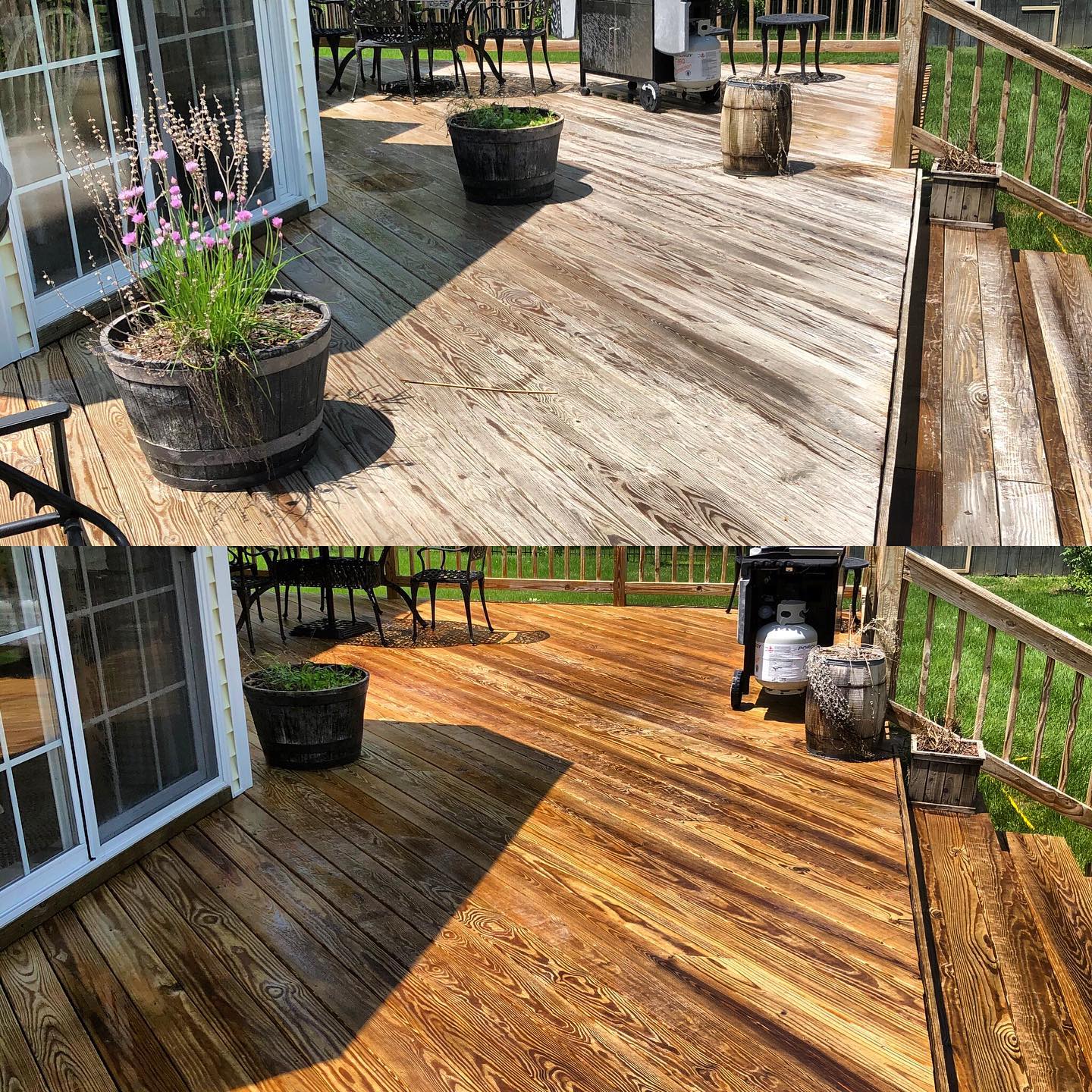Before and after image of wooden deck cleaned by Bright Solutions ProWash, showing removal of dirt, algae, and weather stains